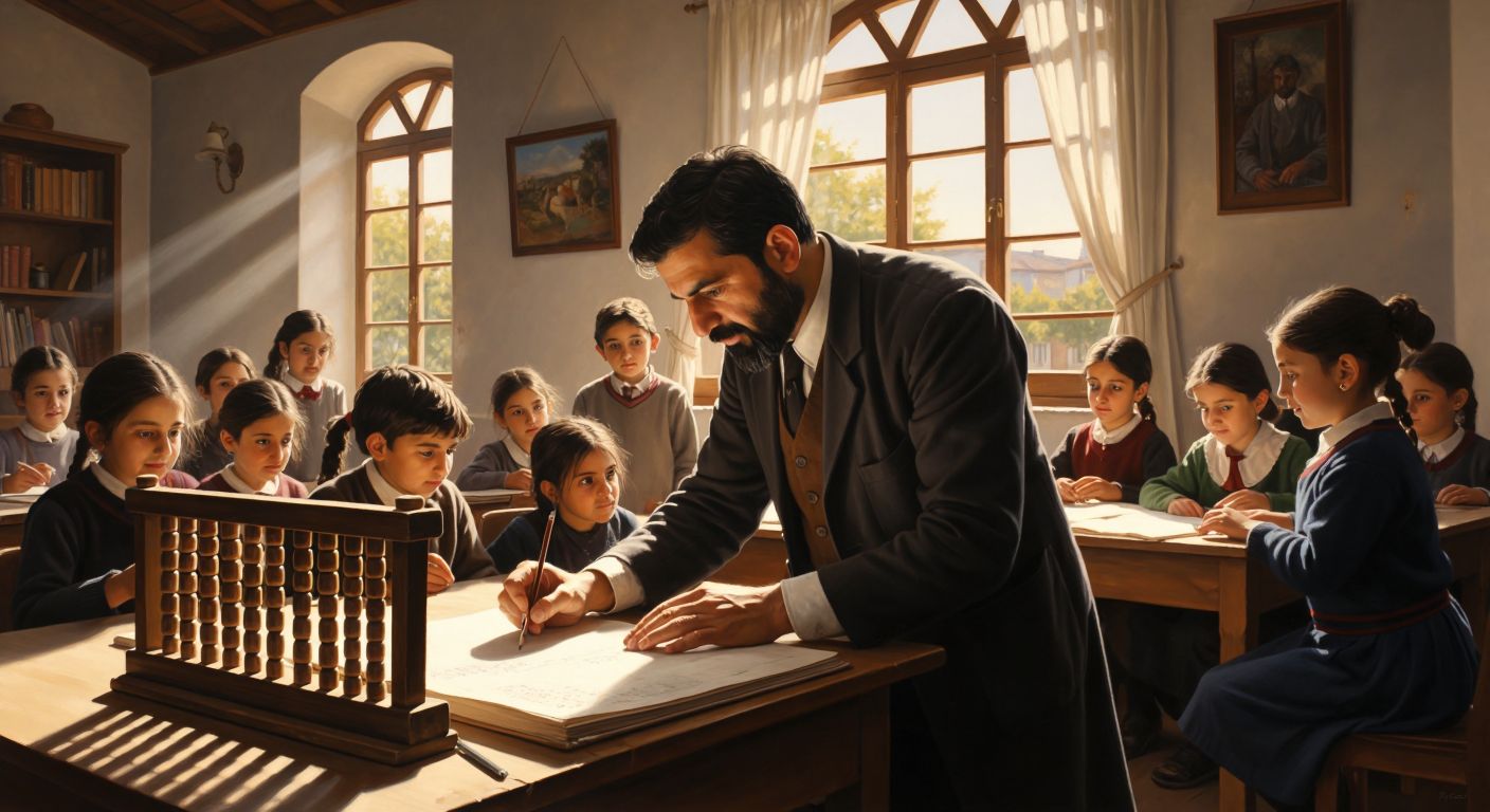 A Turkish teacher in a sunlit classroom writes "200" and "10" on a wooden abacus while students watch attentively.