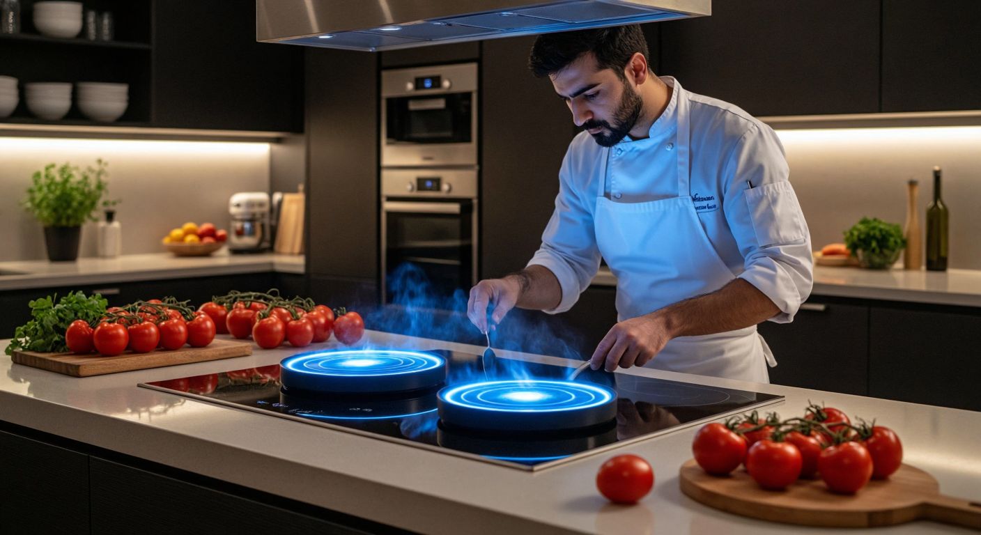 A modern Turkish kitchen with a sleek induction cooktop glowing blue, surrounded by fresh ingredients like tomatoes and peppers, while a chef in a white apron looks concerned at a high electricity bill on the counter.  

*(Note: The electricity bill is implied but not visually represented—only the chef's reaction is shown.)*