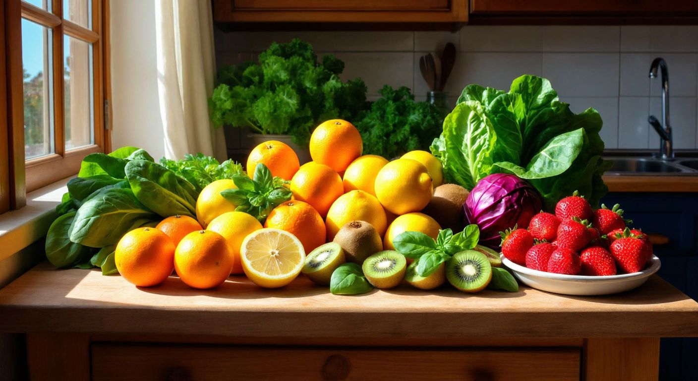 A vibrant wooden table in a sunlit Turkish kitchen, piled with fresh oranges, lemons, kiwis, strawberries, and leafy greens like spinach and red cabbage, evoking health and vitality.