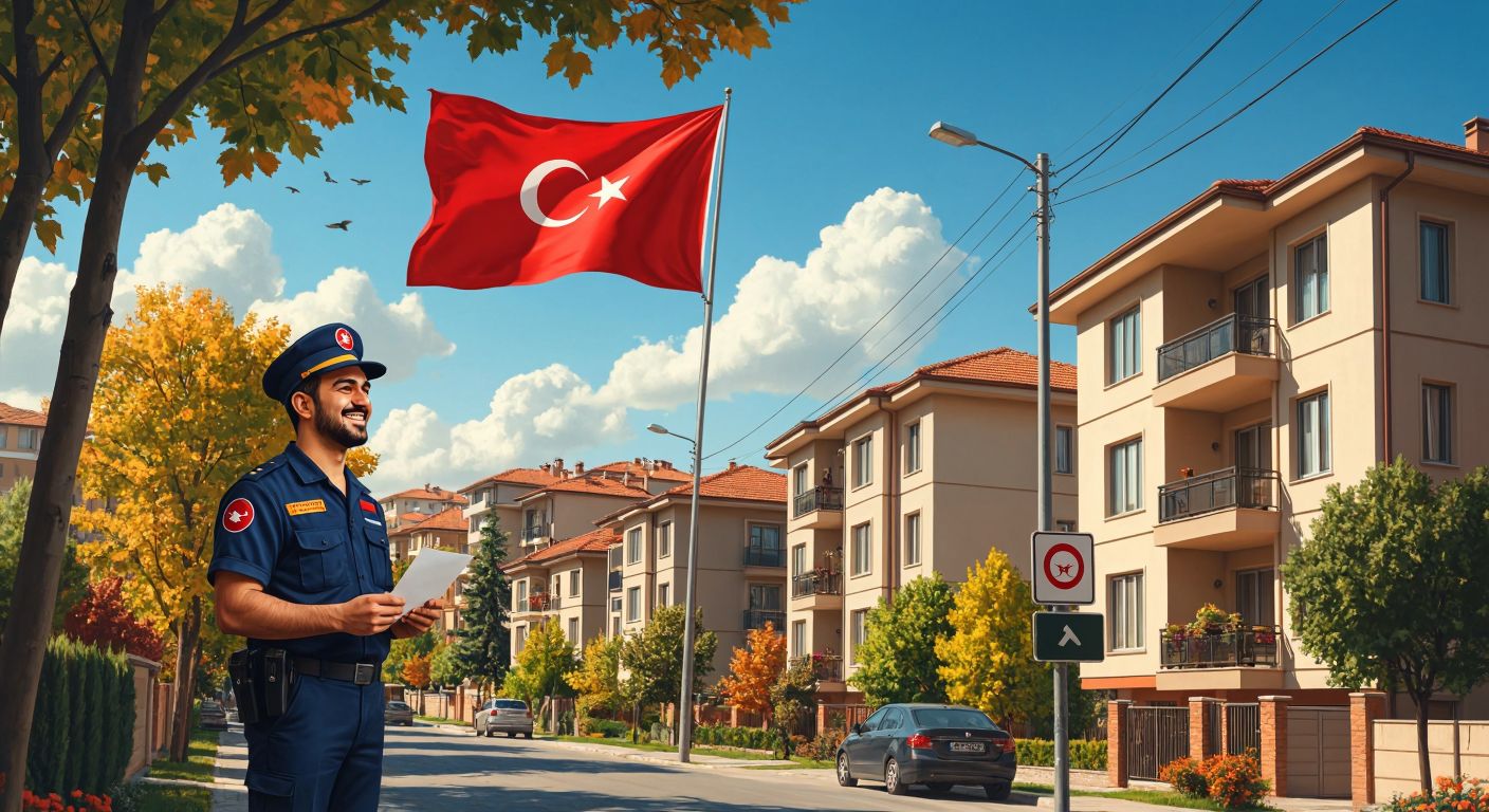 A sunny suburban neighborhood in Ankara with modern apartment buildings, a Turkish flag waving gently, and a smiling postal worker holding a letter near a street sign.