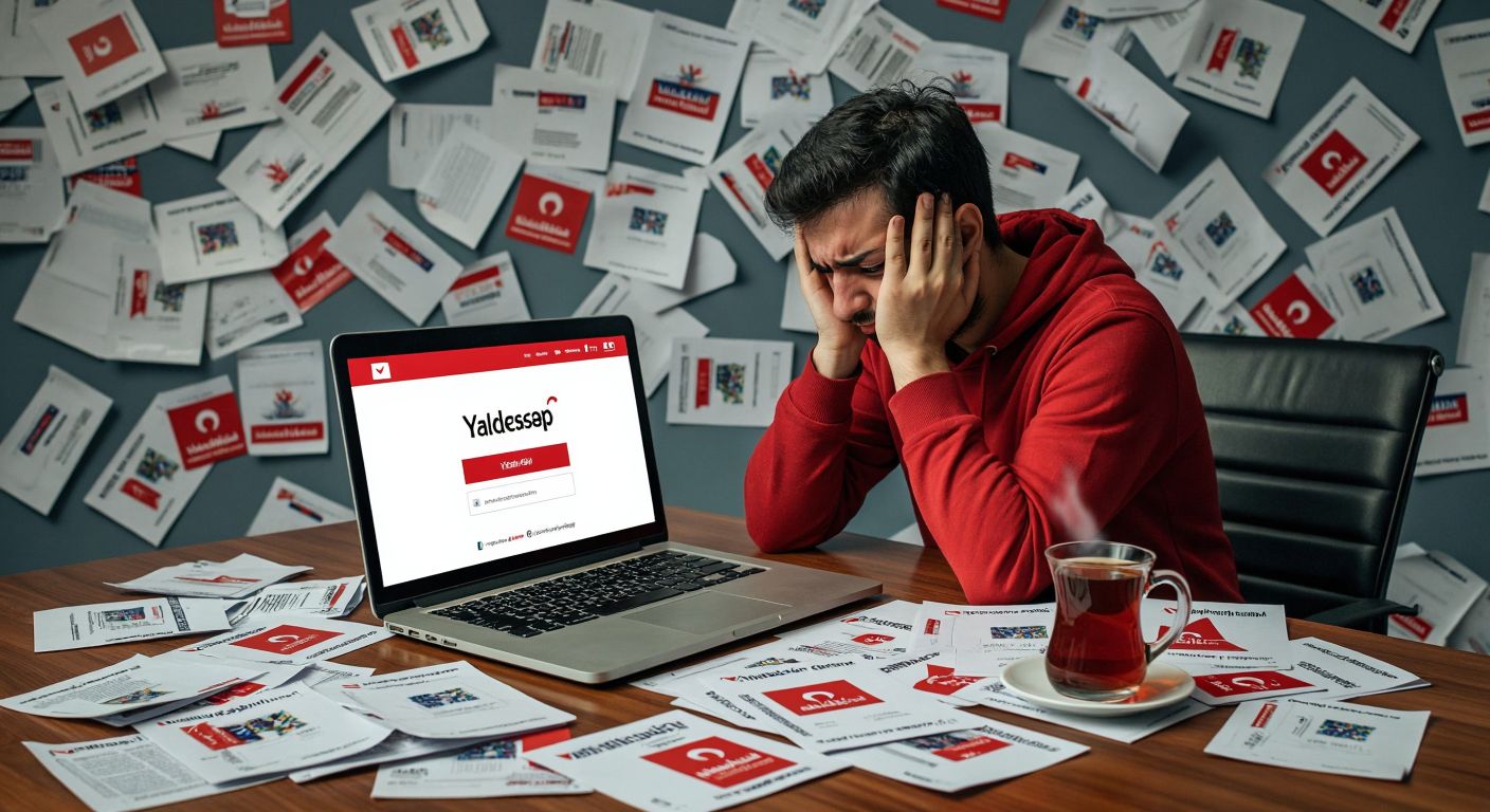 A frustrated person in Turkey stares at a laptop screen with a Yandex search bar, surrounded by scattered papers showing campaign logos for İncehesap, Perdigital, and Bilet.com, while a steaming cup of Turkish tea sits nearby.