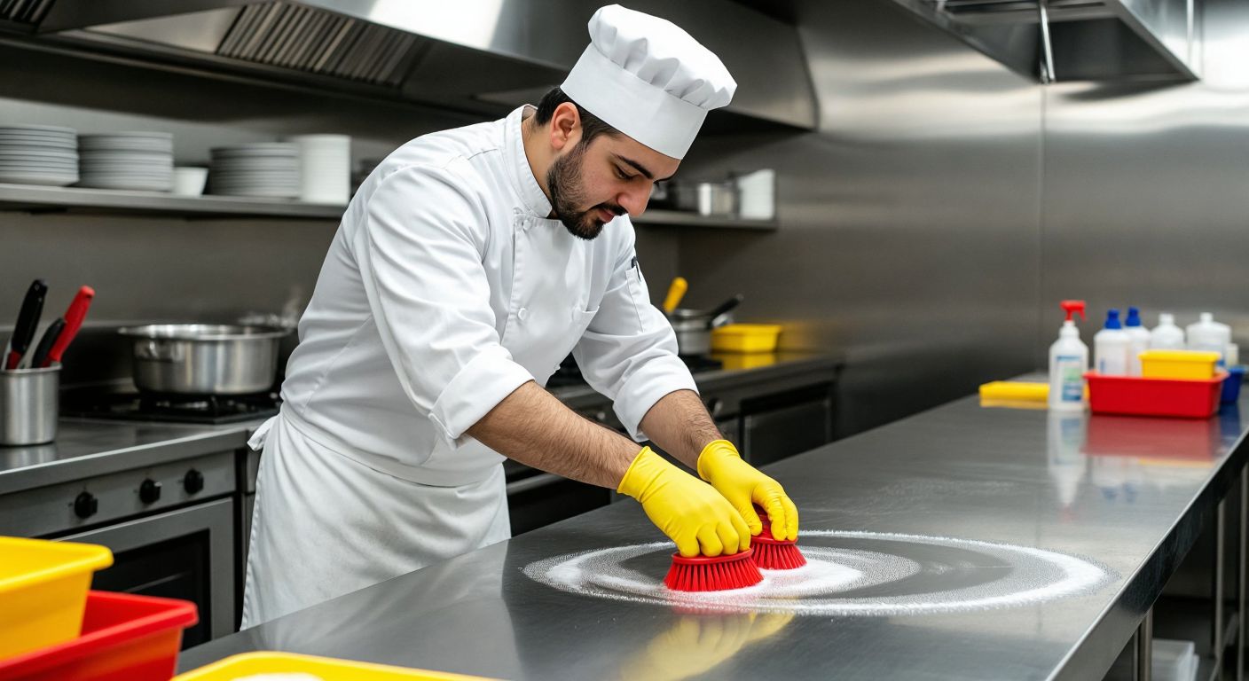 A Turkish chef in a spotless white uniform meticulously scrubs stainless steel kitchen counters with brightly colored Vikan cleaning brushes, ensuring a hygienic food preparation area.