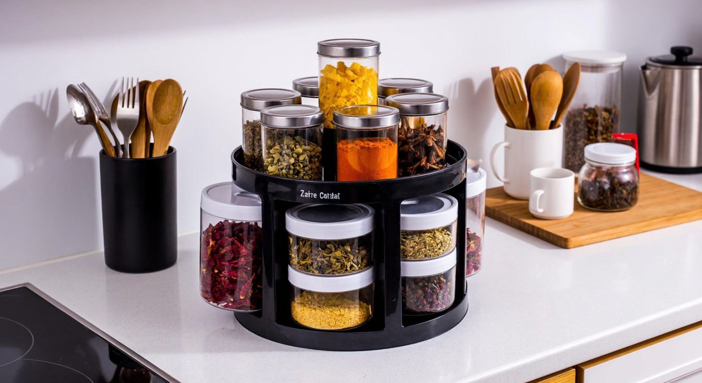 A neatly arranged Turkish kitchen with a rotating food organizer on the counter, filled with colorful spices, tea leaves, and neatly stacked cutlery in labeled compartments.