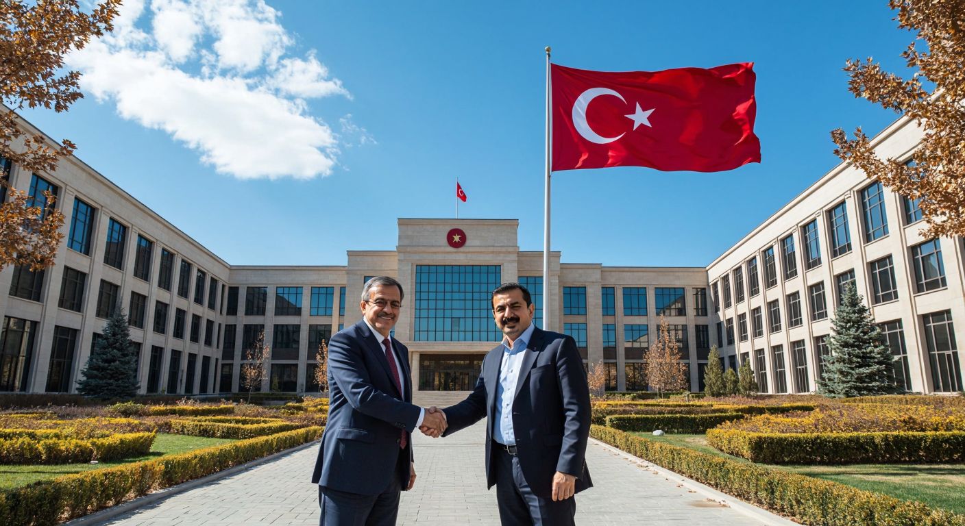 A modern university campus in Ankara with a grand academic building, a Turkish flag waving gently, and a distinguished man in a suit (representing Rifat Hisarcıklıoğlu) shaking hands with a professor (representing Yusuf Sarınay) under a clear blue sky.