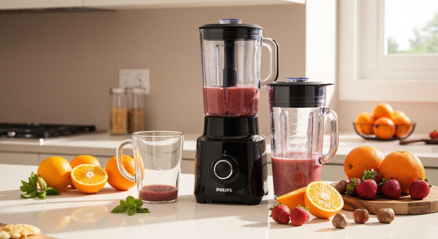 A sleek Philips blender with a juicer attachment sits on a sunlit Turkish kitchen counter, surrounded by fresh oranges, strawberries, and hazelnuts, blending a vibrant smoothie into a clear pitcher.