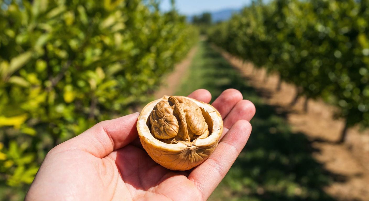A sunlit walnut orchard in Turkey, with a farmer gently holding a freshly cracked walnut, revealing its protective inner shell nestled around the golden kernel.
