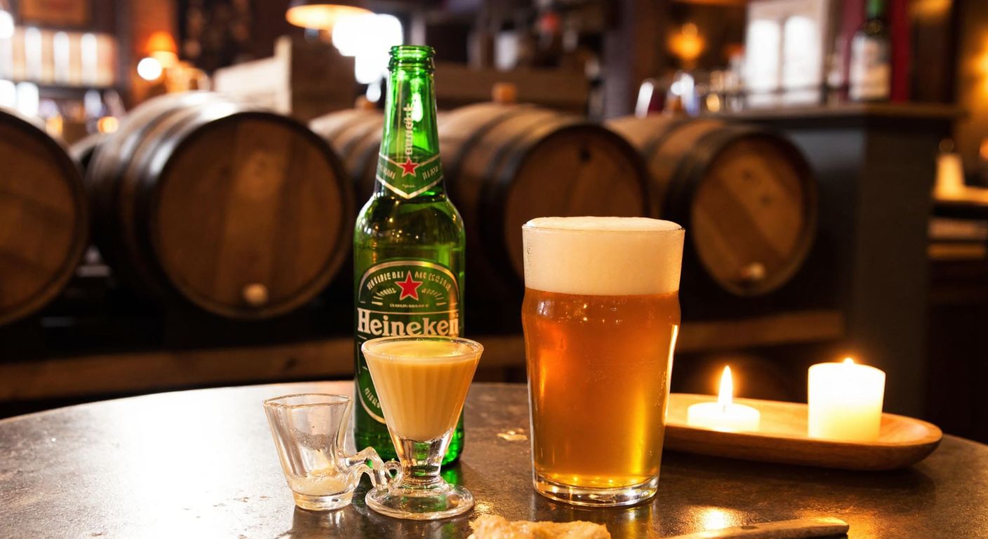 A cozy Amsterdam pub with wooden barrels, a frothy Heineken beer, a small glass of golden jenever, and a creamy advocaat on a rustic table, bathed in warm candlelight.