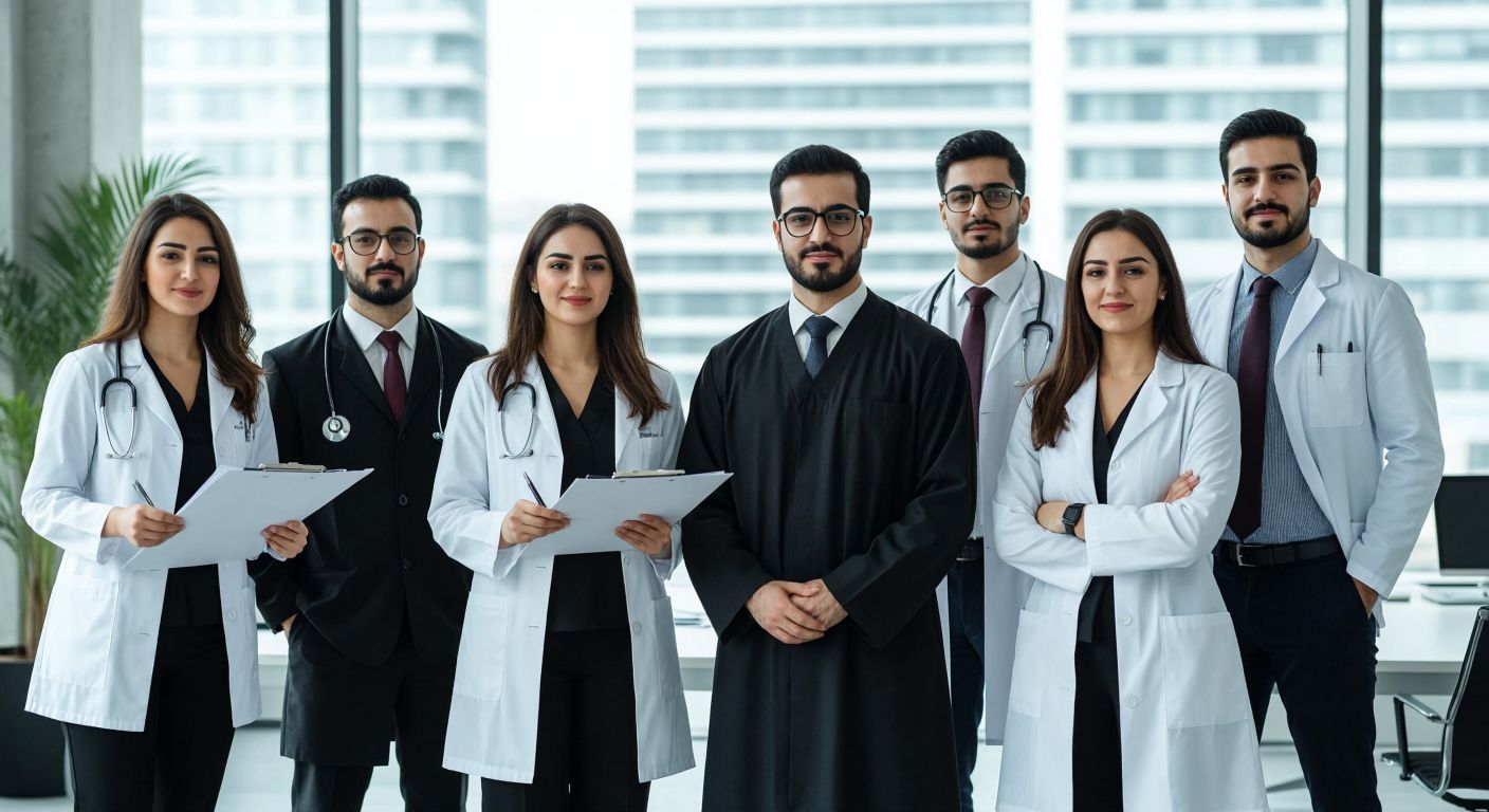 A diverse group of Turkish professionals—an avukat in a black robe, a mali müşavir with glasses reviewing documents, a doktor in a white coat, a mühendis with a blueprint, a danışman in a suit, and a mimar with a scale model—standing confidently in a modern office setting, symbolizing compliance with e-SMM regulations.