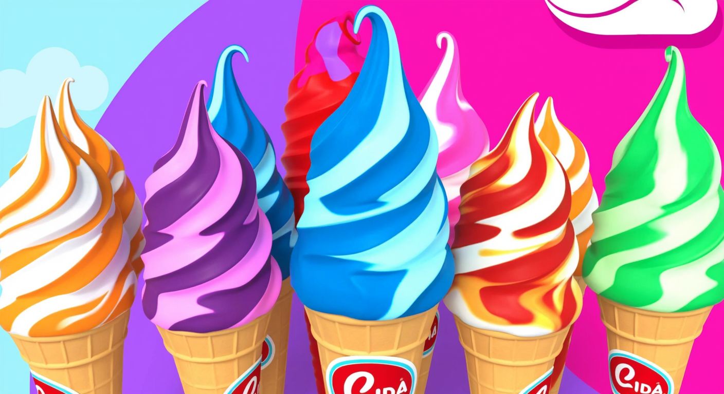 A vibrant display of colorful, swirling ice cream cones from brands like Algida and D2, with playful vector-style patterns melting under the warm Turkish sun.