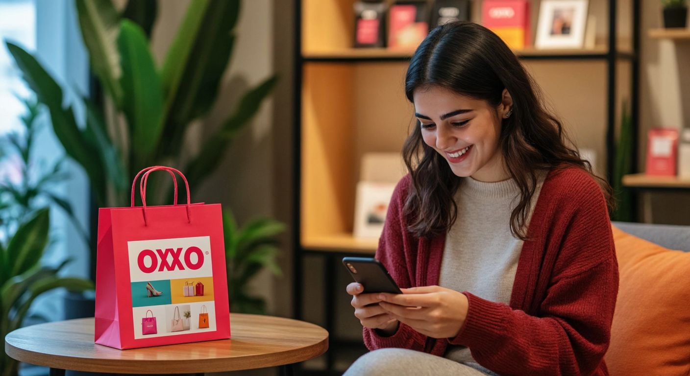 A smiling Turkish woman in a cozy home setting browses a smartphone screen with colorful product thumbnails while a neatly packed OXXO-branded shopping bag sits beside her on a wooden table.
