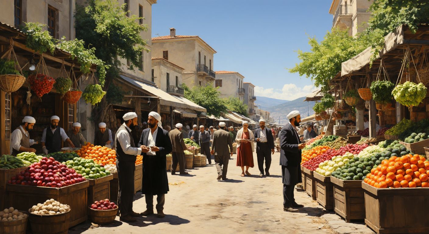 A bustling Aegean port with stacks of fresh fruits, vegetables, and minerals under a bright sun, surrounded by Turkish merchants in business attire discussing trade.