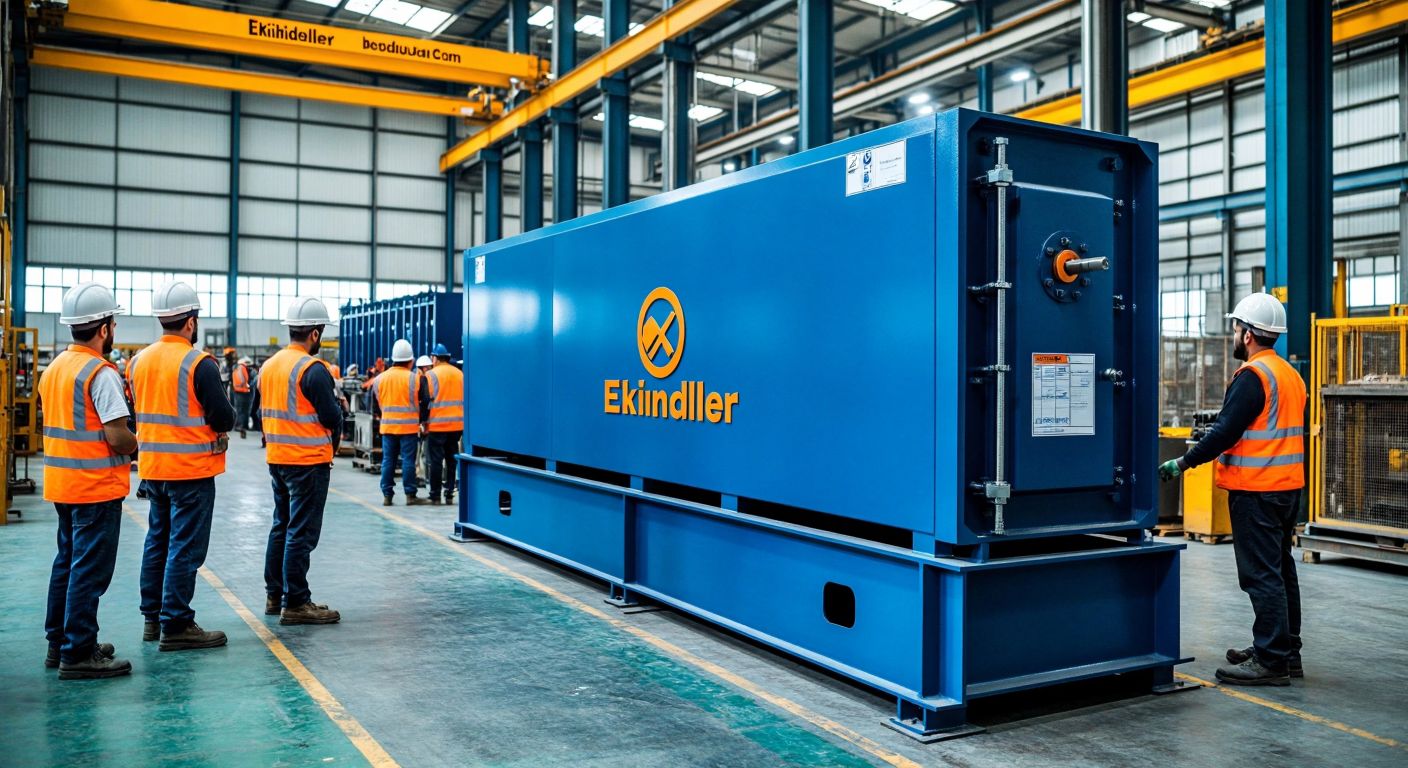 A sturdy industrial machine with a steel-blue finish stands in a bustling Turkish factory, surrounded by workers in hard hats and orange safety vests, with the Ekinciler Holding logo subtly embossed on the machine's side.