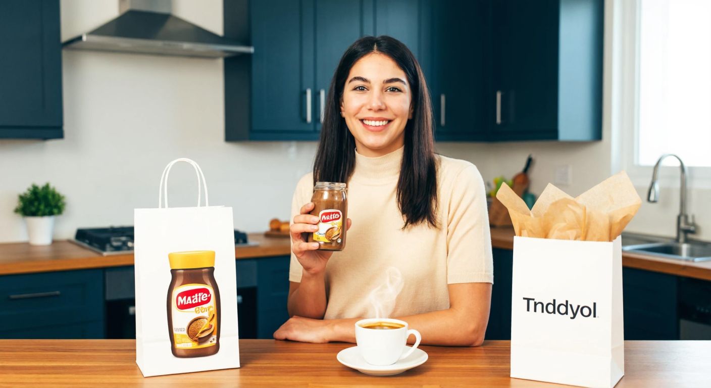 A smiling Turkish woman in a cozy kitchen holds a jar of Coffee Mate next to a steaming cup of coffee, with Trendyol shopping bags on the counter.