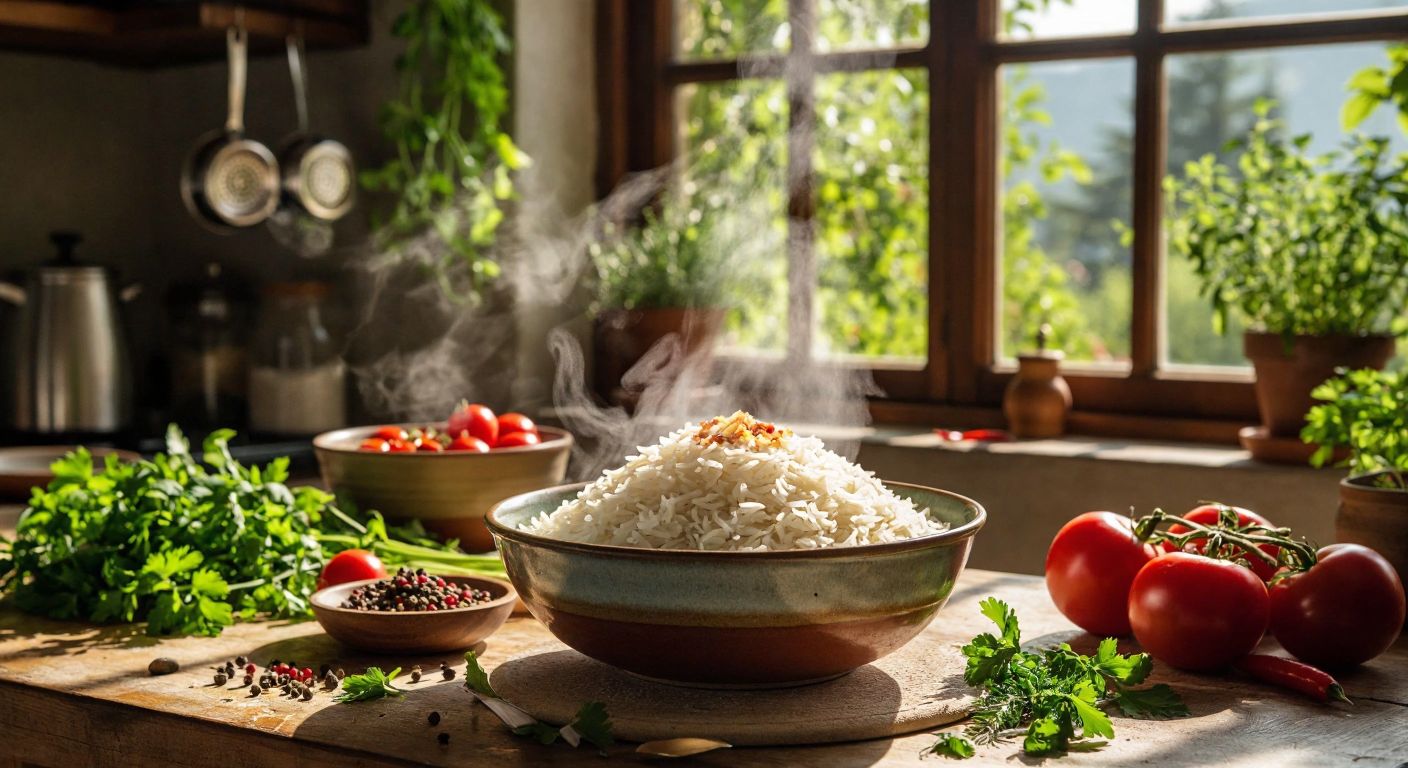 A steaming bowl of fragrant Yayla Gourmet Basmati rice sits on a wooden table in a sunlit Turkish kitchen, surrounded by fresh vegetables and herbs, evoking health and nourishment.