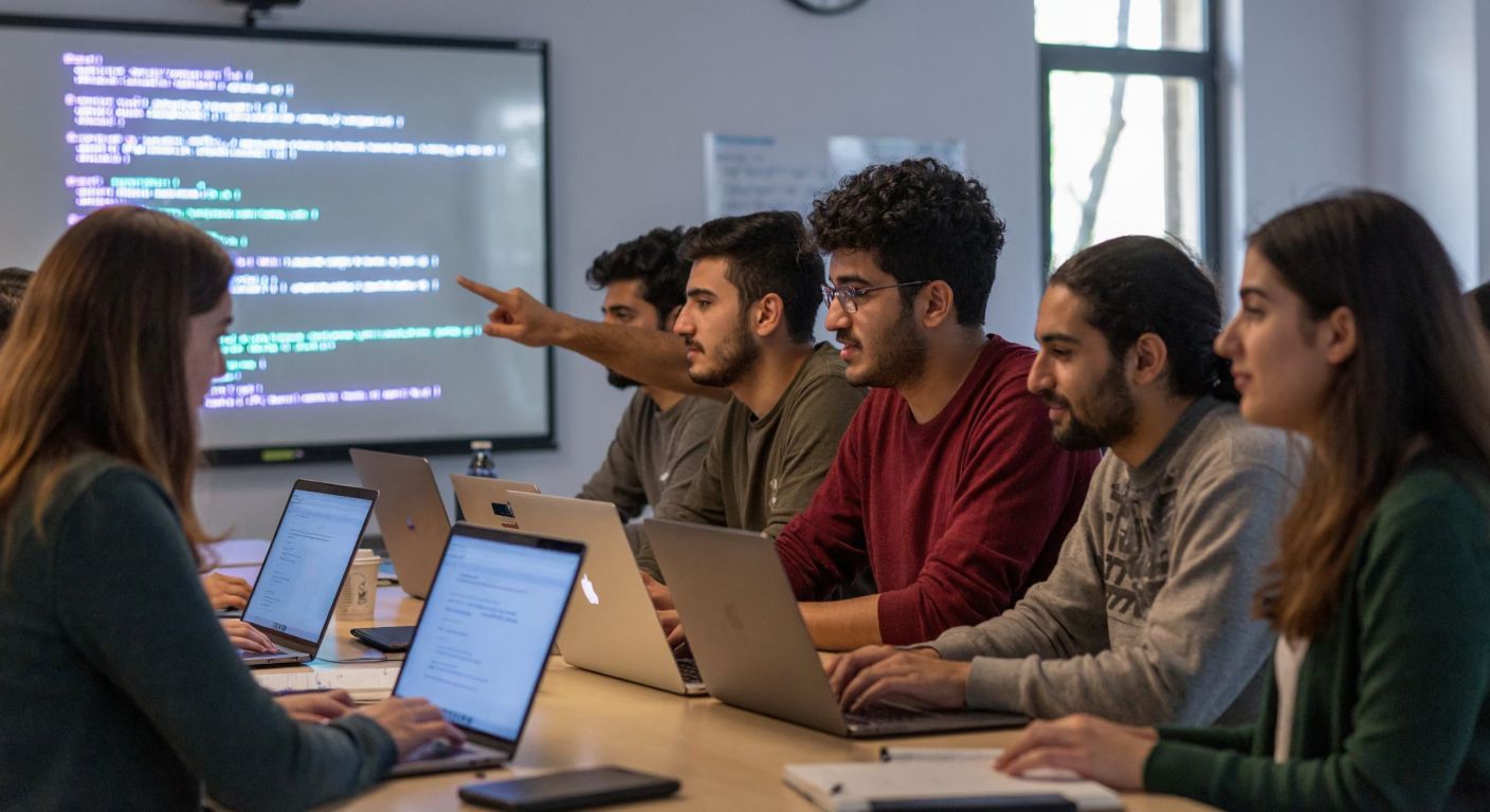 A group of diverse students in a Turkish university classroom collaboratively working on laptops, with one pointing at lines of glowing code projected on a whiteboard, symbolizing open-source transparency and teamwork.