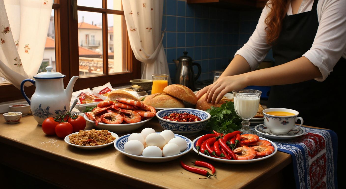 A Turkish kitchen table cluttered with plates of milk, eggs, bread, shrimp, packaged snacks, and spicy peppers, with a person rubbing their red, irritated forearm nearby.