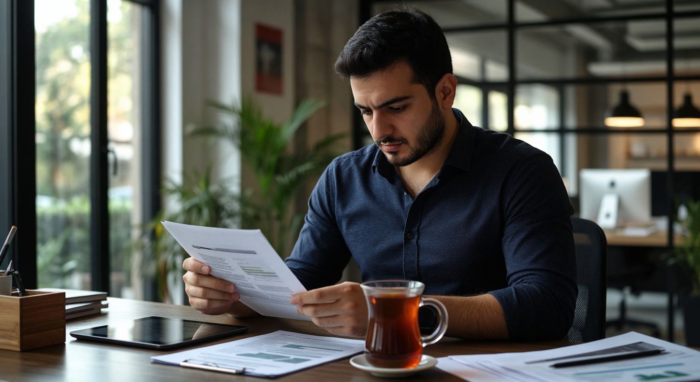 A focused Turkish office worker in a modern workspace, wearing a collared shirt, carefully reviewing a printed document and a digital tablet side by side, with a steaming cup of Turkish tea on the desk.