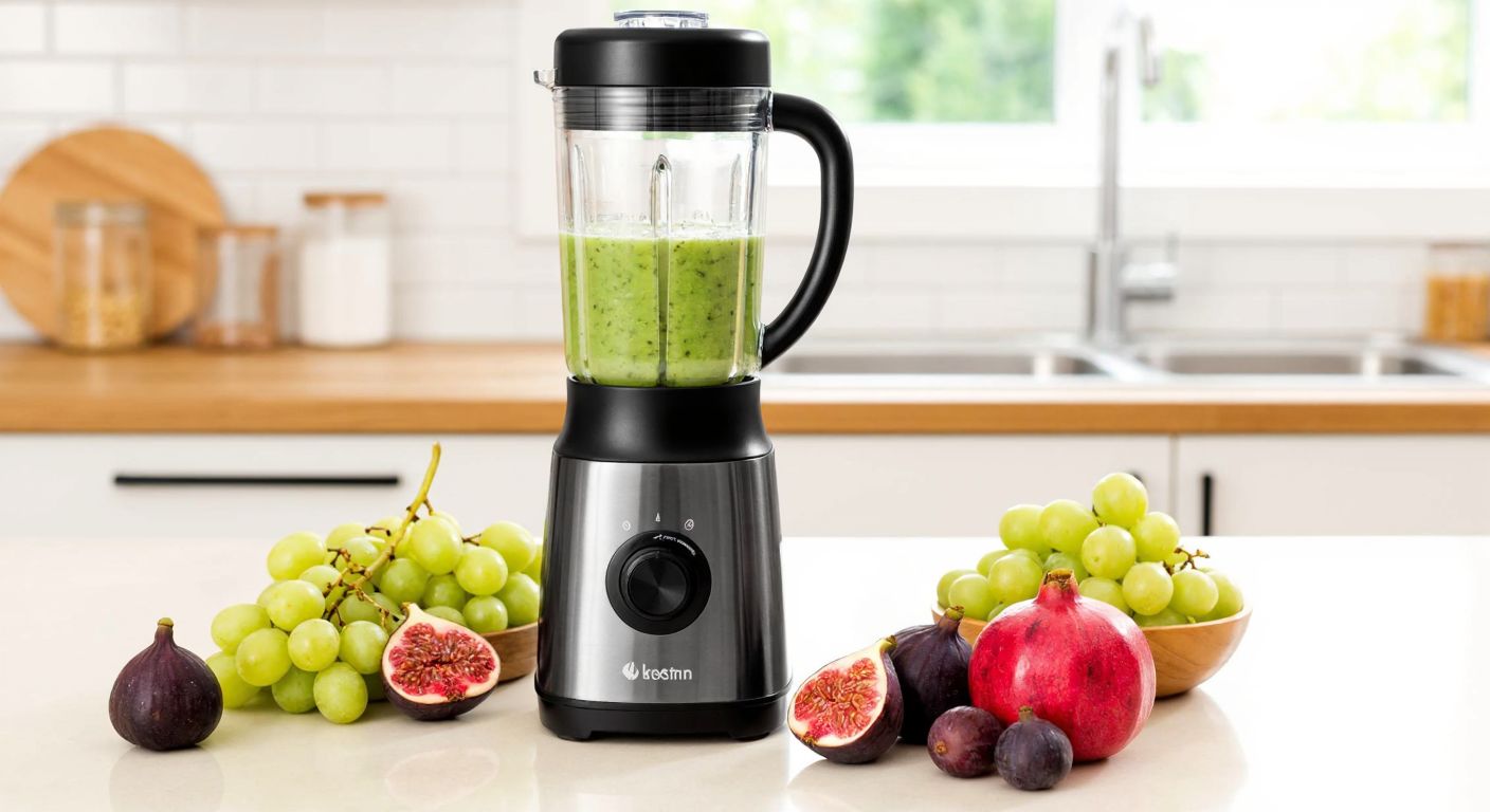A sleek, modern blender with a vibrant green smoothie inside, surrounded by fresh Turkish fruits like figs, pomegranates, and grapes on a sunlit kitchen counter.