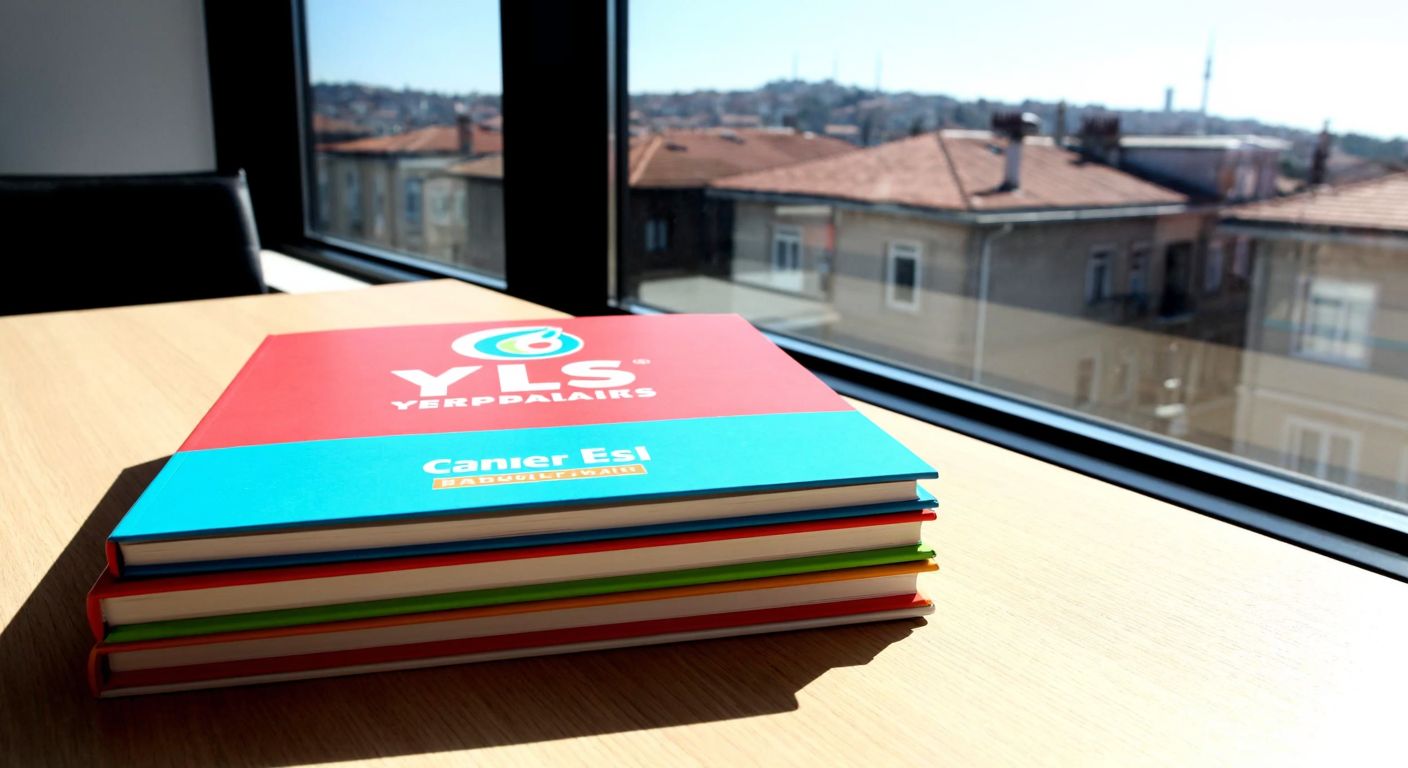 A stack of colorful YÖS preparation books with a "Caner Yayınları" logo on the spines, placed on a wooden desk in a sunlit Istanbul study room with a view of Bakırköy rooftops outside the window.