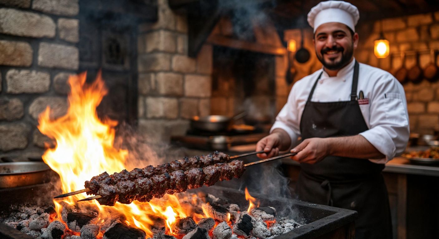 A sizzling skewer of keme kebab, grilled over glowing embers, with a backdrop of Gaziantep's stone-walled kitchens and a chef in traditional apron smiling proudly.