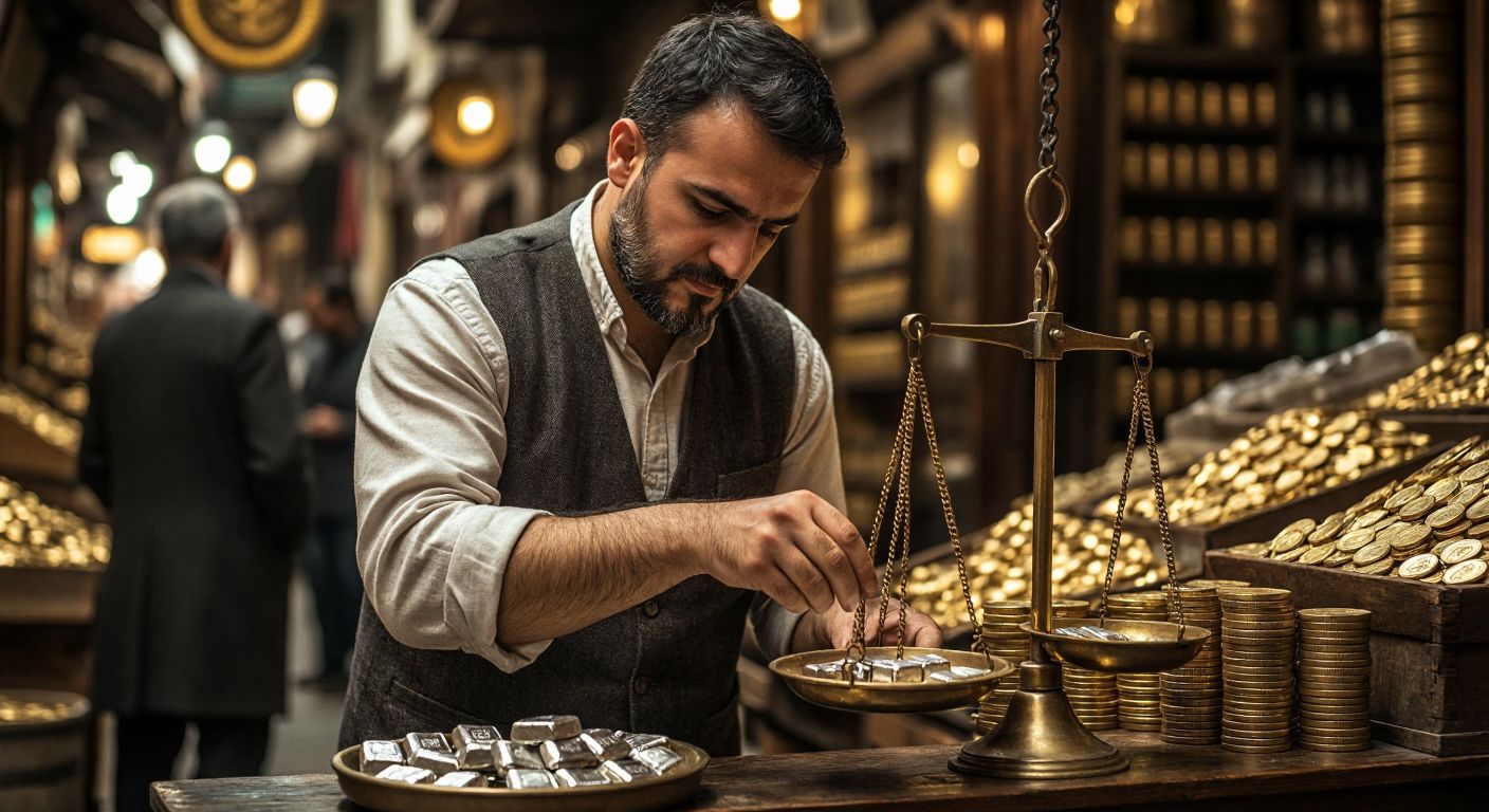 A Turkish investor in a traditional bazaar carefully weighing gleaming silver bars on an old brass scale, with a thoughtful expression and stacks of gold coins in the background.