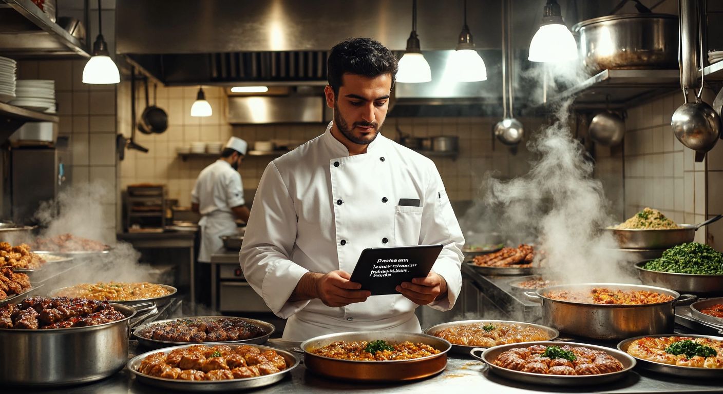 A determined chef in a crisp white uniform stands in a bustling Turkish kitchen, holding a tablet displaying job listings while surrounded by steaming pots of traditional dishes like kebabs and baklava.