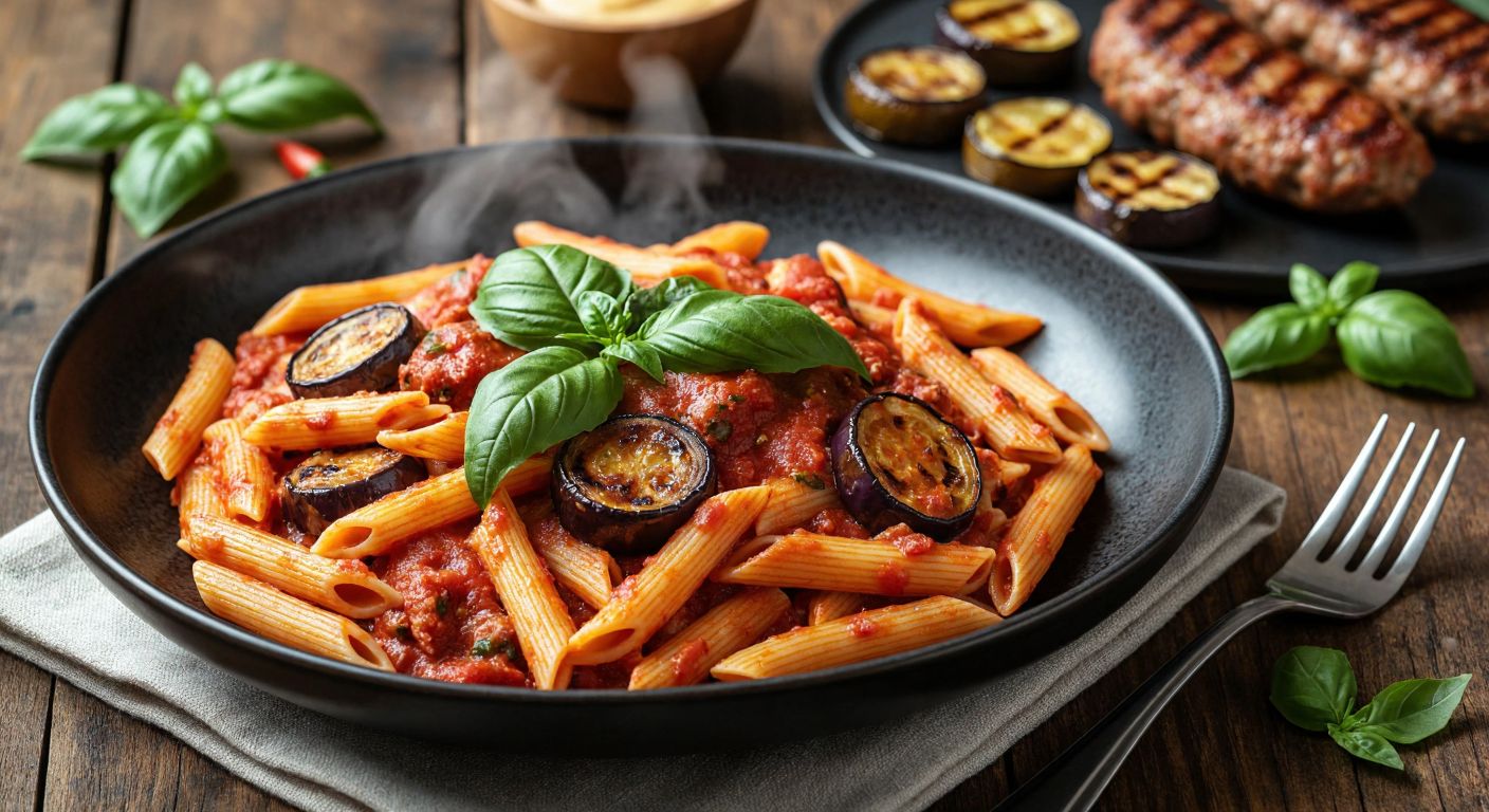A steaming plate of penne pasta generously coated in vibrant red arabiata sauce, topped with fresh basil leaves, alongside a golden-brown grilled köfte and roasted eggplant slices on a rustic wooden table.