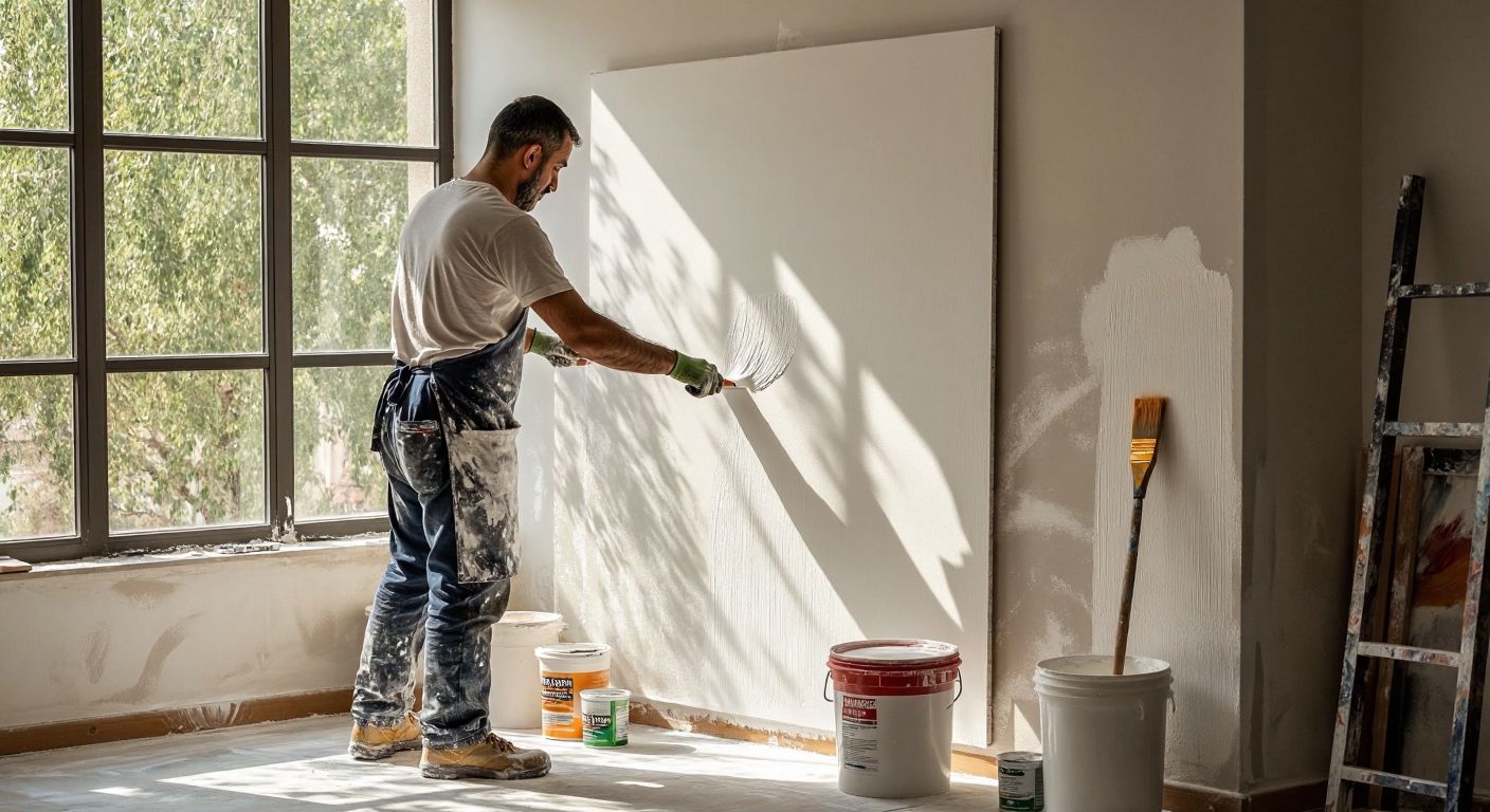A Turkish worker in a paint-splattered apron carefully rolls smooth white acrylic paint onto a freshly prepared plaster wall in a sunlit room, with cans of latex-based paint and a primer bucket nearby.