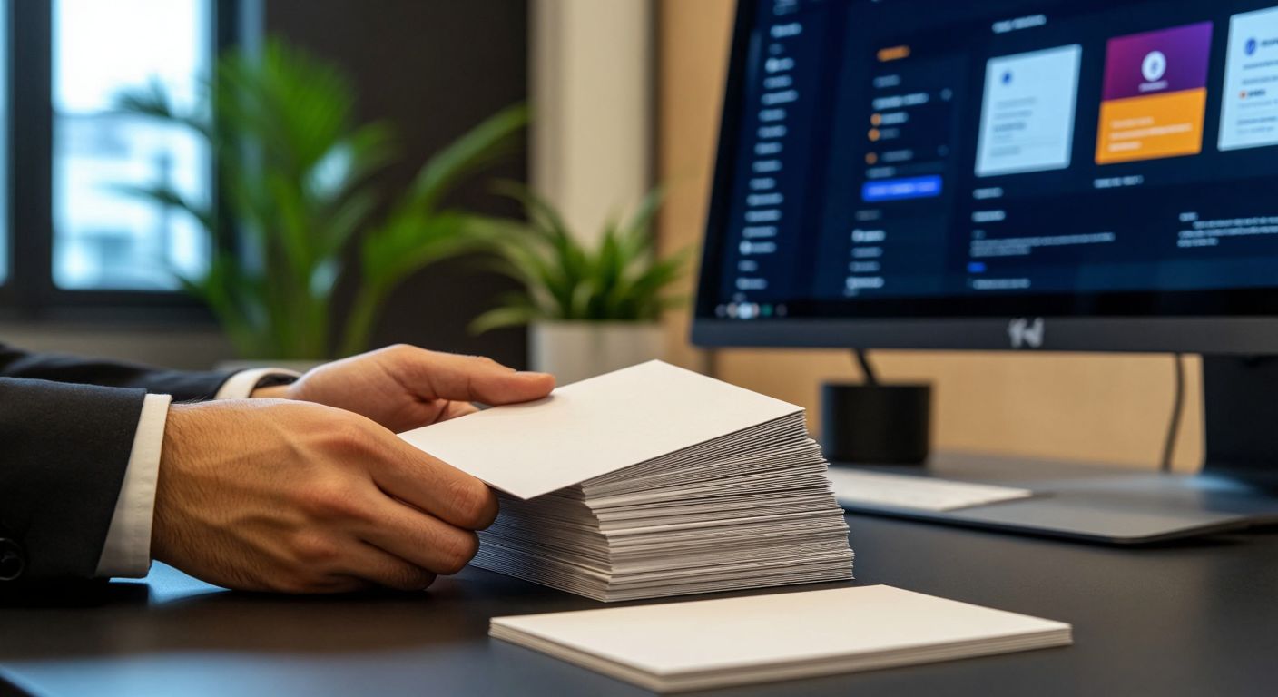 A Turkish businessperson in a sleek office carefully examines a stack of freshly printed, high-quality business cards with a minimalist design, while a computer screen displays a vibrant Avansas website interface in the background.