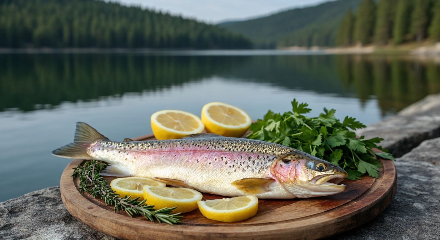 A shimmering, freshly grilled Abant trout with golden-brown skin and delicate pink spots, resting on a rustic wooden platter beside a plate of lemon wedges and fresh herbs, set against the backdrop of a serene lakeside in Abant with pine-covered hills.