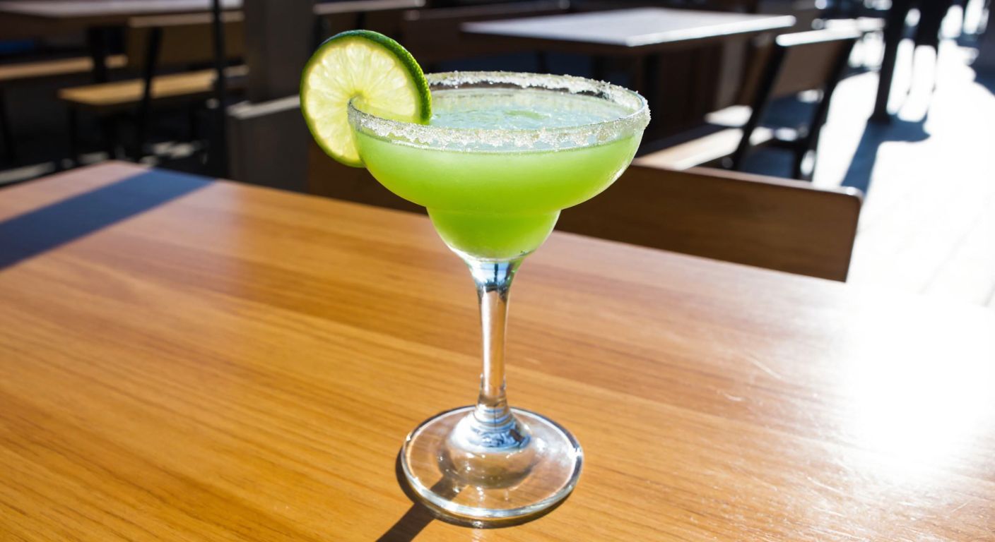 A wide-rimmed margarita glass filled with a vibrant green cocktail, garnished with a slice of lime and a salted rim, resting on a sunlit wooden table in a lively Turkish bar.