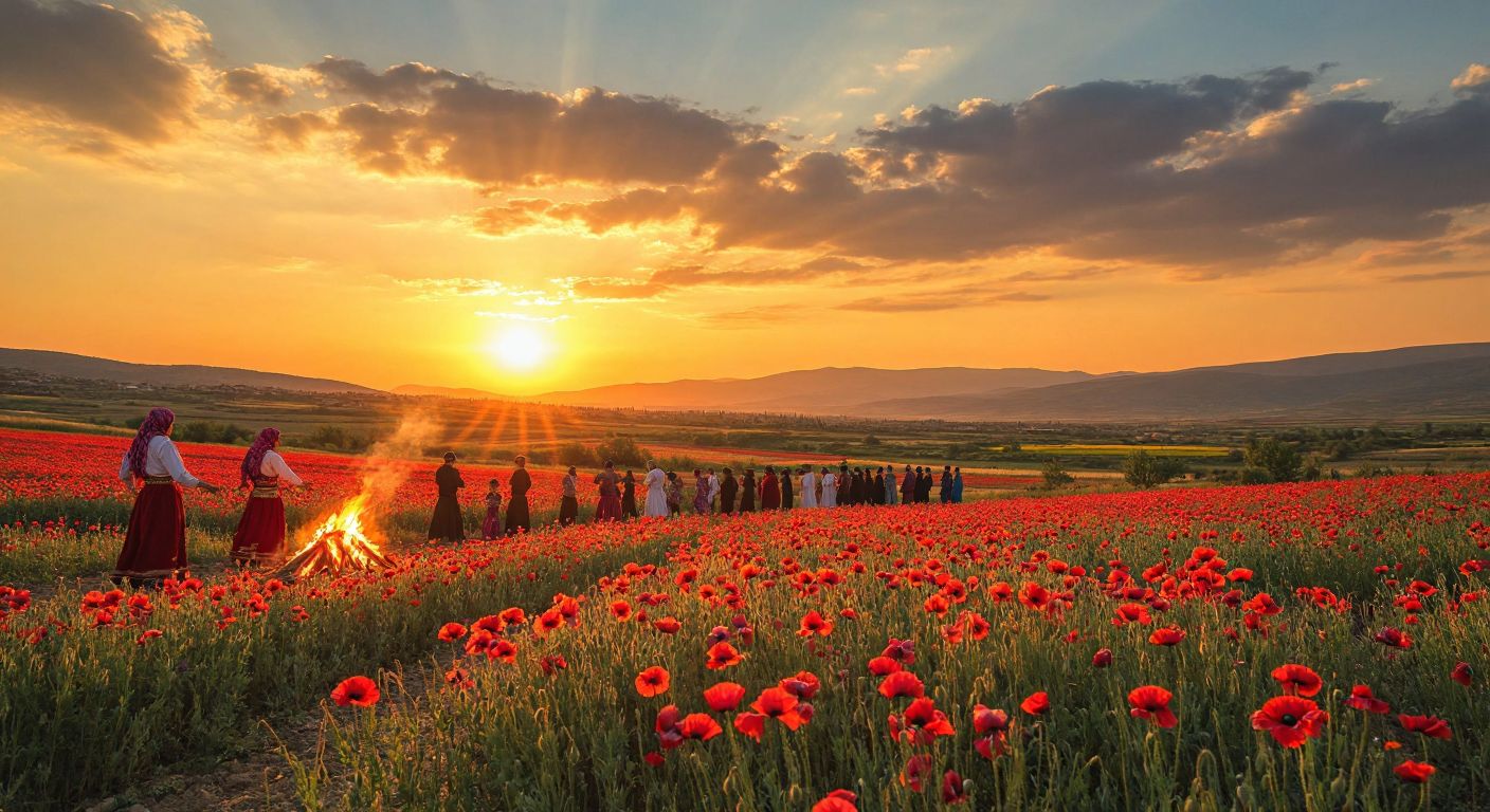 A vibrant Turkish countryside scene at dawn, with a golden sun perfectly balanced on the horizon, casting equal light and shadow across blooming red poppy fields where farmers in traditional şalvar pants begin sowing seeds, while families in colorful regional attire celebrate around a small bonfire with dancers in the background.