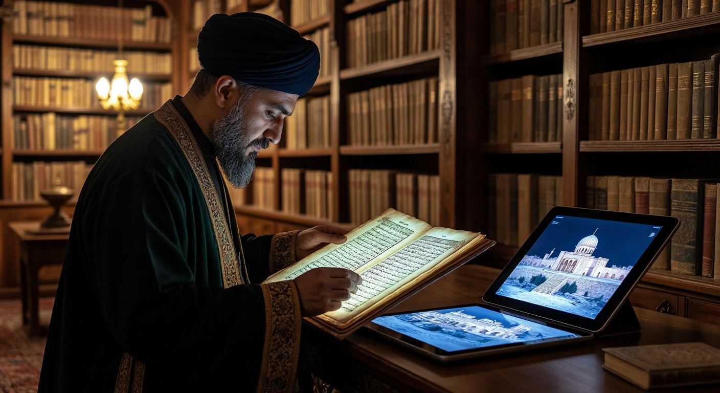 A Turkish scholar in a traditional library carefully examines an ancient manuscript while a glowing digital tablet beside them displays a 3D reconstruction of a historical site.