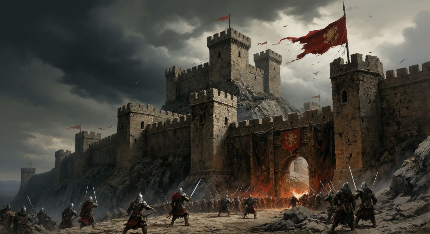 A crumbling stone fortress under a stormy sky, with armored warriors clashing at its gates and a faded Artuklu banner torn by the wind.