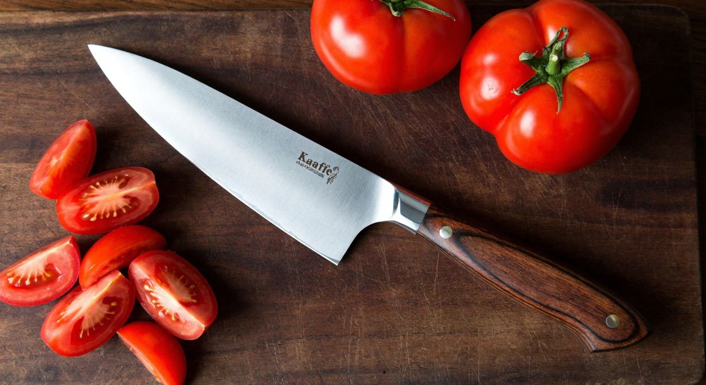 A gleaming Karaefe kitchen knife with a polished wooden handle rests on a rustic wooden cutting board beside freshly chopped tomatoes and peppers, evoking a sense of craftsmanship and reliability.