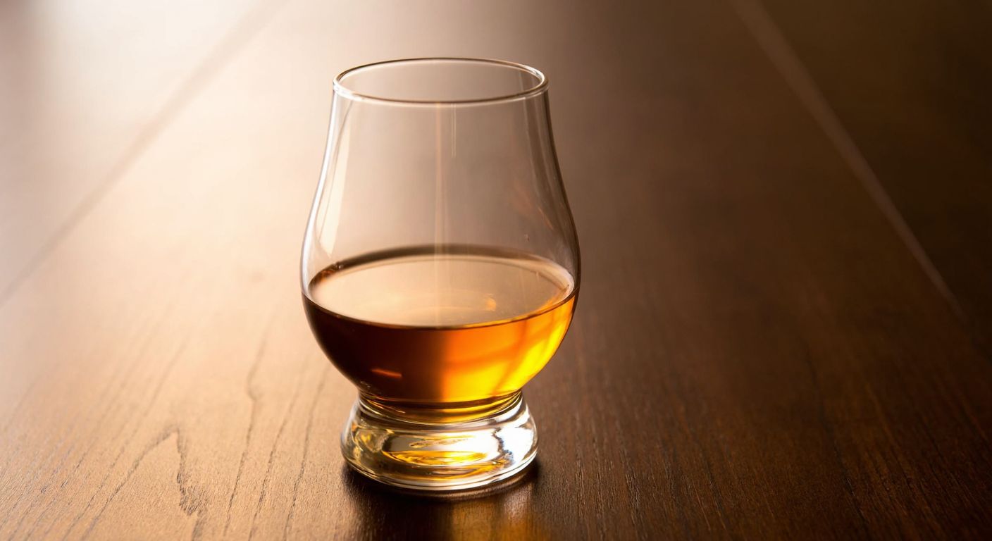 A tulip-shaped whiskey glass filled with amber liquid rests on a wooden table, its curved shape capturing the drink's rich aroma, while warm light highlights its golden hue.