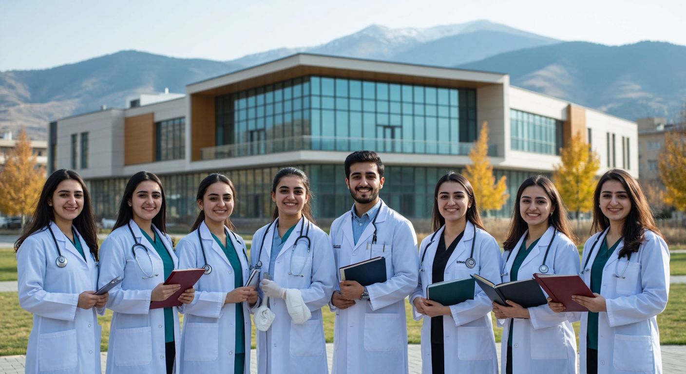 A group of smiling students in white lab coats stand proudly in front of İnönü University's modern medical faculty building, holding stethoscopes and anatomy books, with the Malatya mountains in the background.