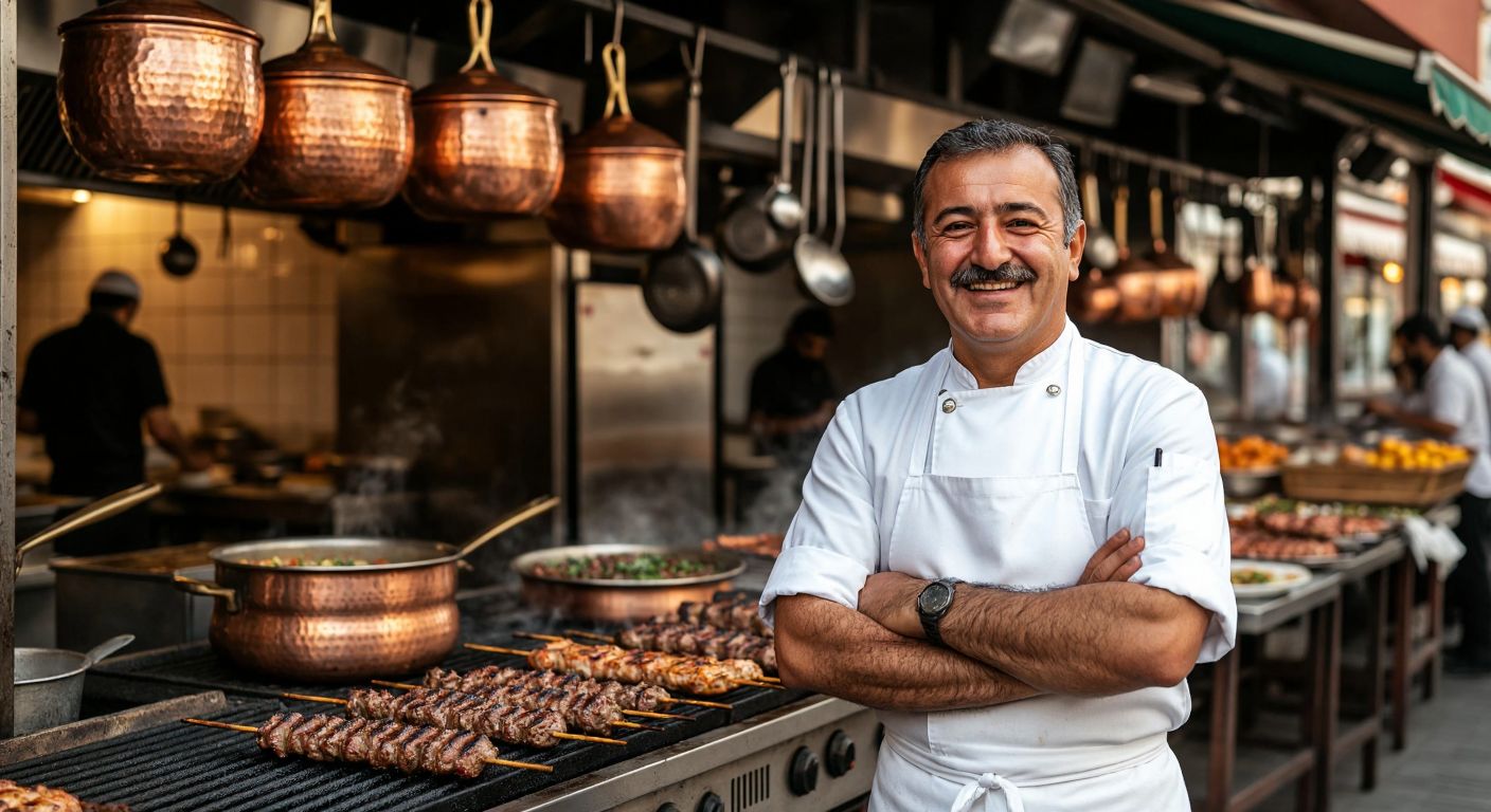 A middle-aged Turkish man with a warm smile, wearing a crisp white chef’s apron, stands proudly in front of a bustling traditional Turkish restaurant with copper pots and kebabs sizzling on a grill behind him.