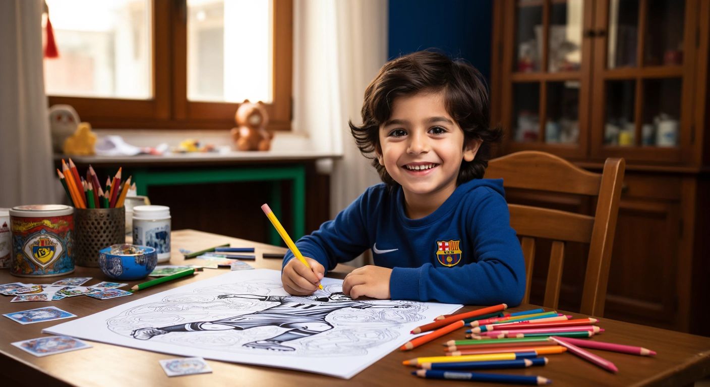 A young Turkish child with dark hair and a bright smile sits at a wooden table, carefully coloring a page from a Messi-themed coloring book with crayons, surrounded by scattered stickers and a half-finished drawing of a soccer player.