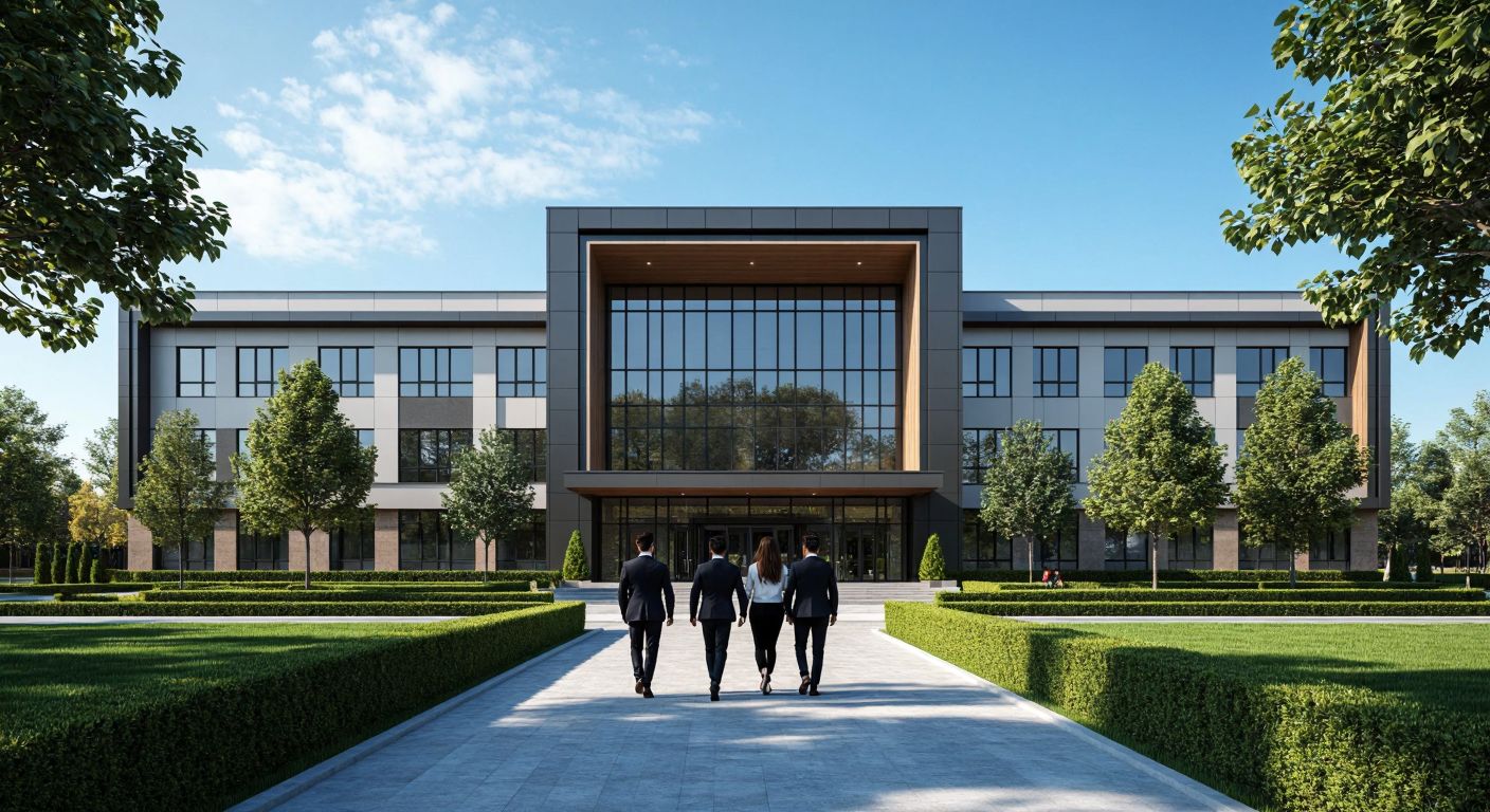 A modern Turkish school building with a sleek facade, surrounded by neatly trimmed greenery, under a bright blue sky, with a group of well-dressed students walking confidently toward the entrance.