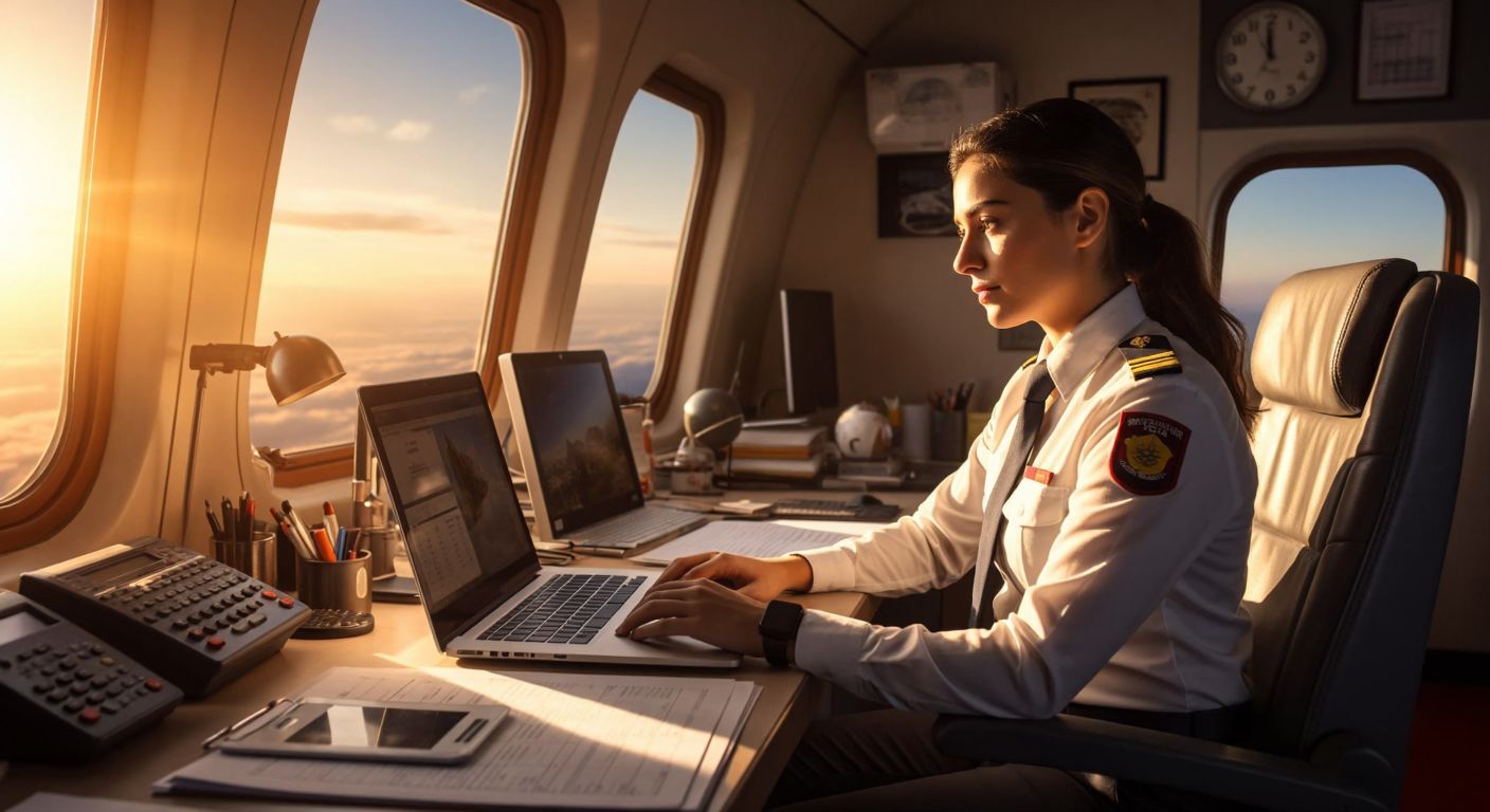 A focused aviation professional in a crisp uniform sits at a desk with a laptop, surrounded by Turkish aviation-themed decor, while sunlight streams through a window onto a calendar marked with June 2025.
