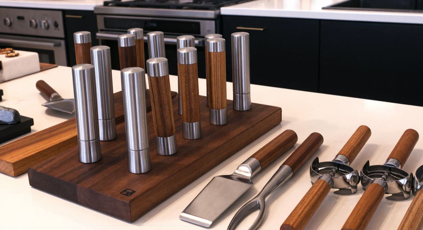 A neatly arranged display of various sleek, stainless steel bottle openers with wooden handles in a modern Turkish kitchenware store.