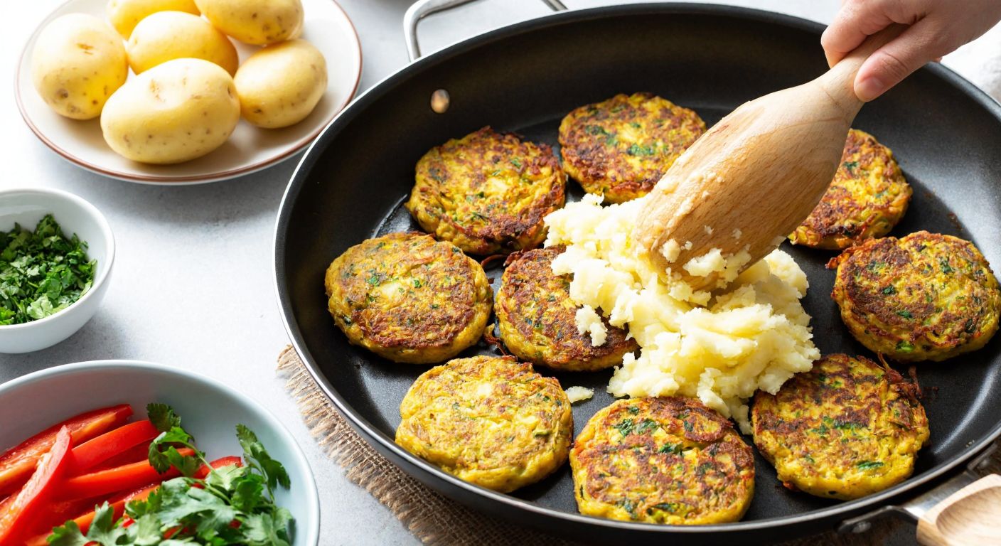 A Turkish kitchen scene with freshly grated potatoes being squeezed in a cloth, golden-brown mücver sizzling in a pan, and a bowl of vibrant chopped herbs nearby.