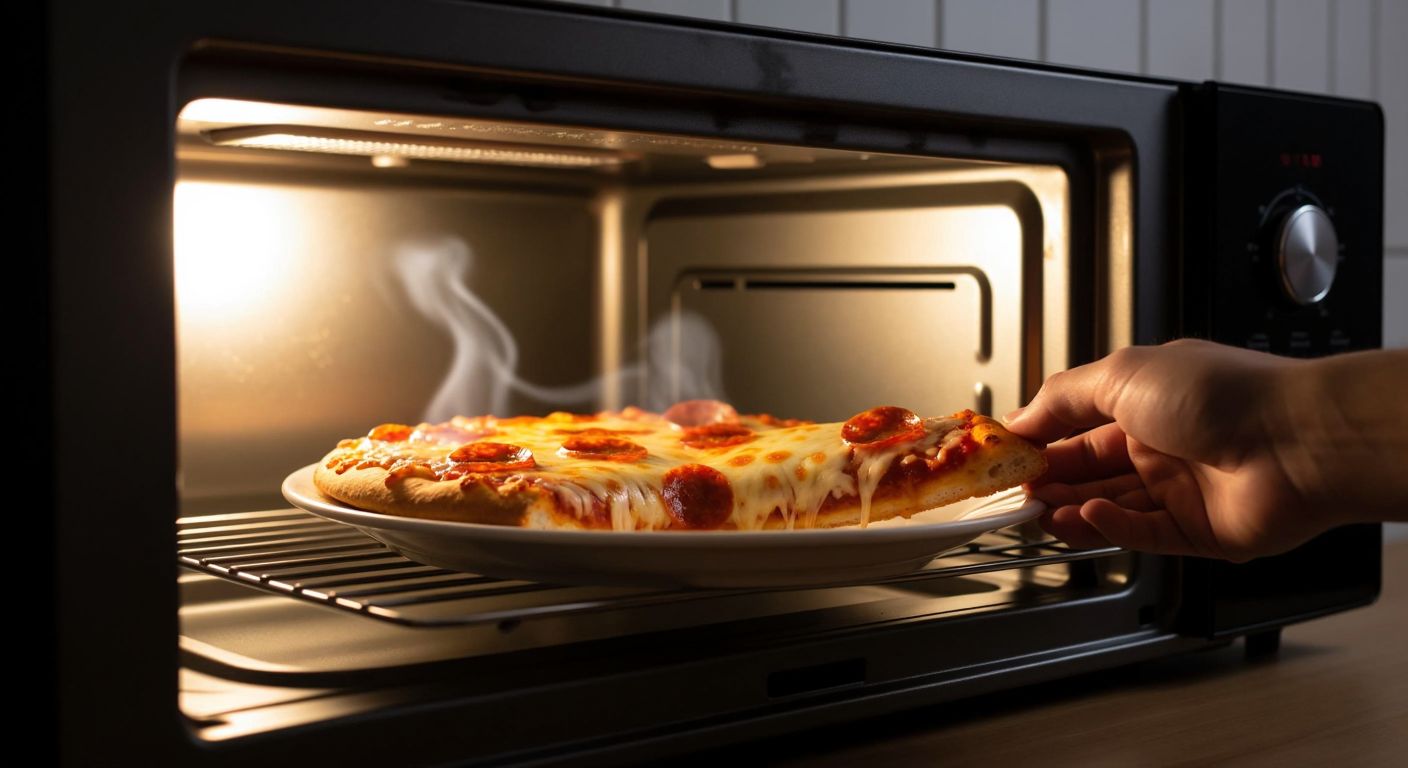 A warm, cheesy pizza slice sits on a ceramic plate inside a microwave, with steam rising gently as a hand adjusts the microwave's power setting.