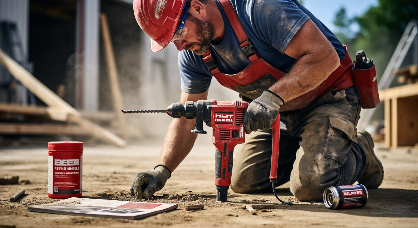 A rugged construction worker in a dusty worksite carefully applies oil to a Hilti hammer drill, with a can of recommended lubricant and a well-worn tool manual nearby.