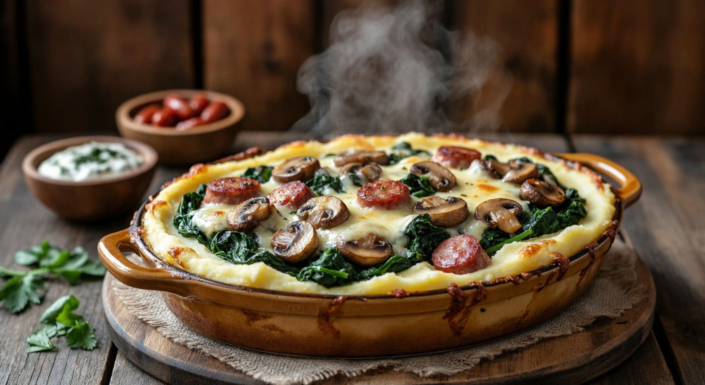 A golden-brown gratin dish with creamy mashed potatoes, melted cheese, sautéed spinach, mushrooms, and sausages, steaming hot from the oven, placed on a rustic wooden table in a Turkish kitchen.