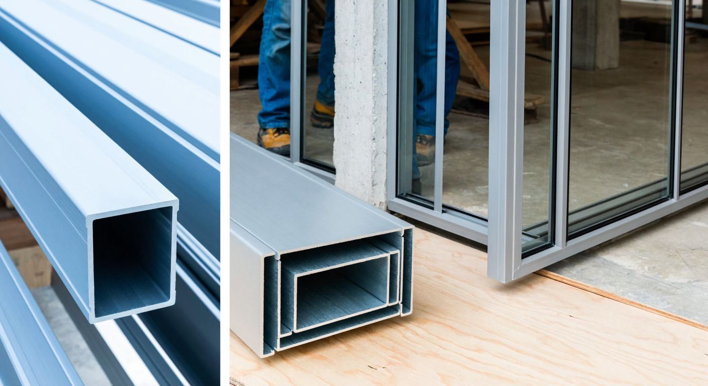 A side-by-side comparison of two sleek aluminum profiles—one labeled C60 with a deeper, uniform thickness, and the other Aldoks with varying thicknesses—placed on a construction site in Turkey, with workers evaluating their flexibility for windows and office partitions.
