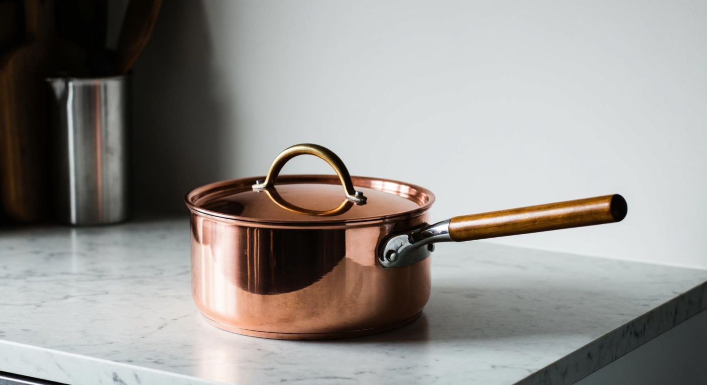 A sleek, copper cooking pot with a polished wooden handle, resting on a marble countertop in a modern Belgian kitchen, reflecting warm light.