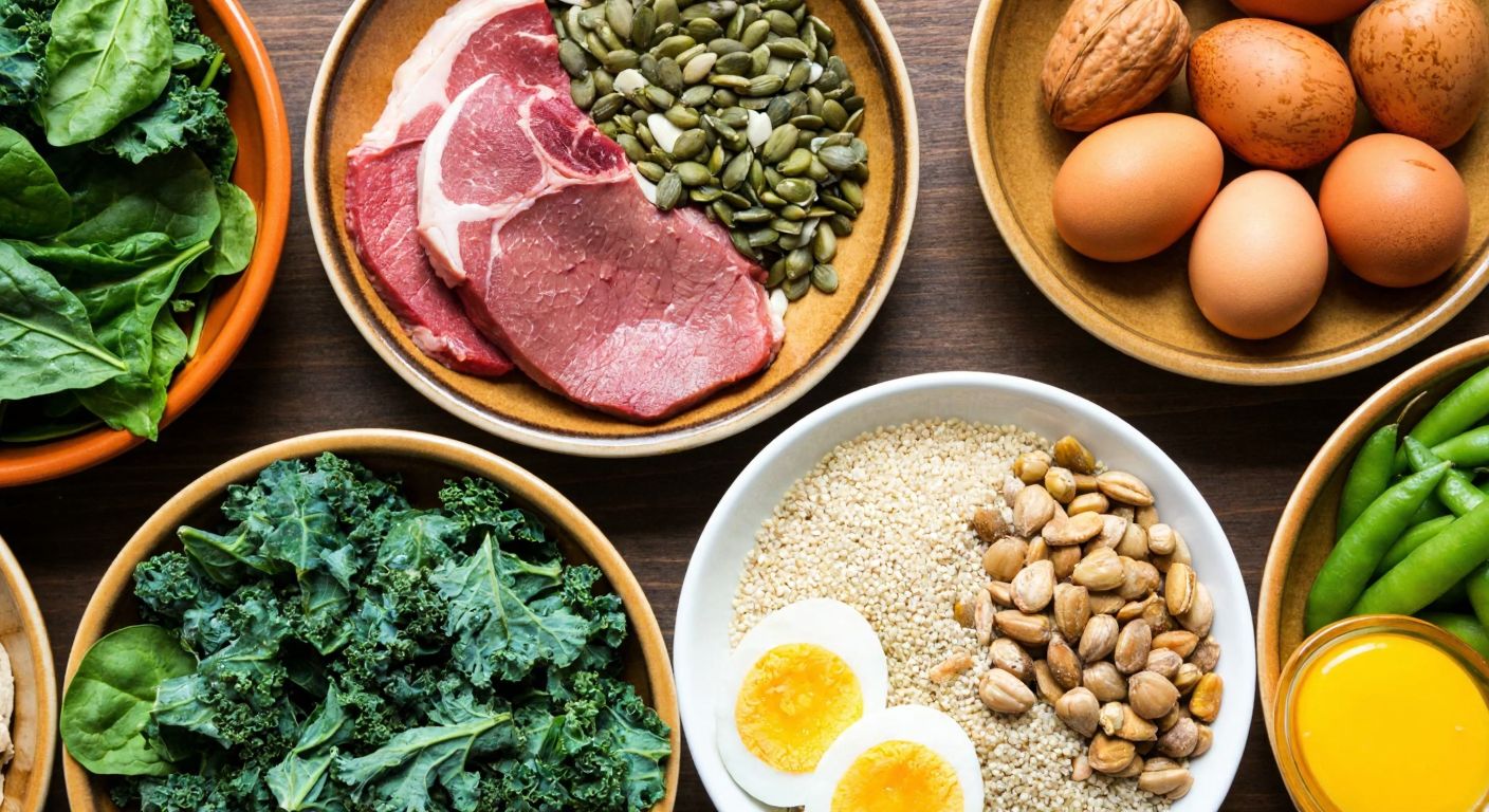 A vibrant wooden table in a Turkish kitchen displays a colorful spread of fresh spinach, kale, almonds, pumpkin seeds, lentils, quinoa, red meat, oysters, walnuts, and eggs, arranged neatly on rustic ceramic plates.