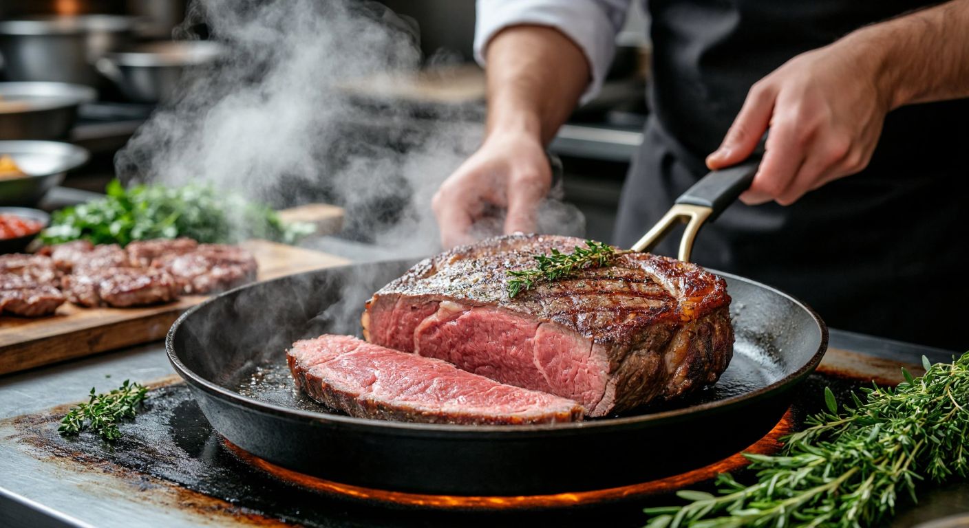 A chef in a bustling Turkish kitchen sears a thick cut of meat in a cast-iron pan, its crust golden-brown while the center remains pink, with steam rising and fresh herbs scattered nearby.